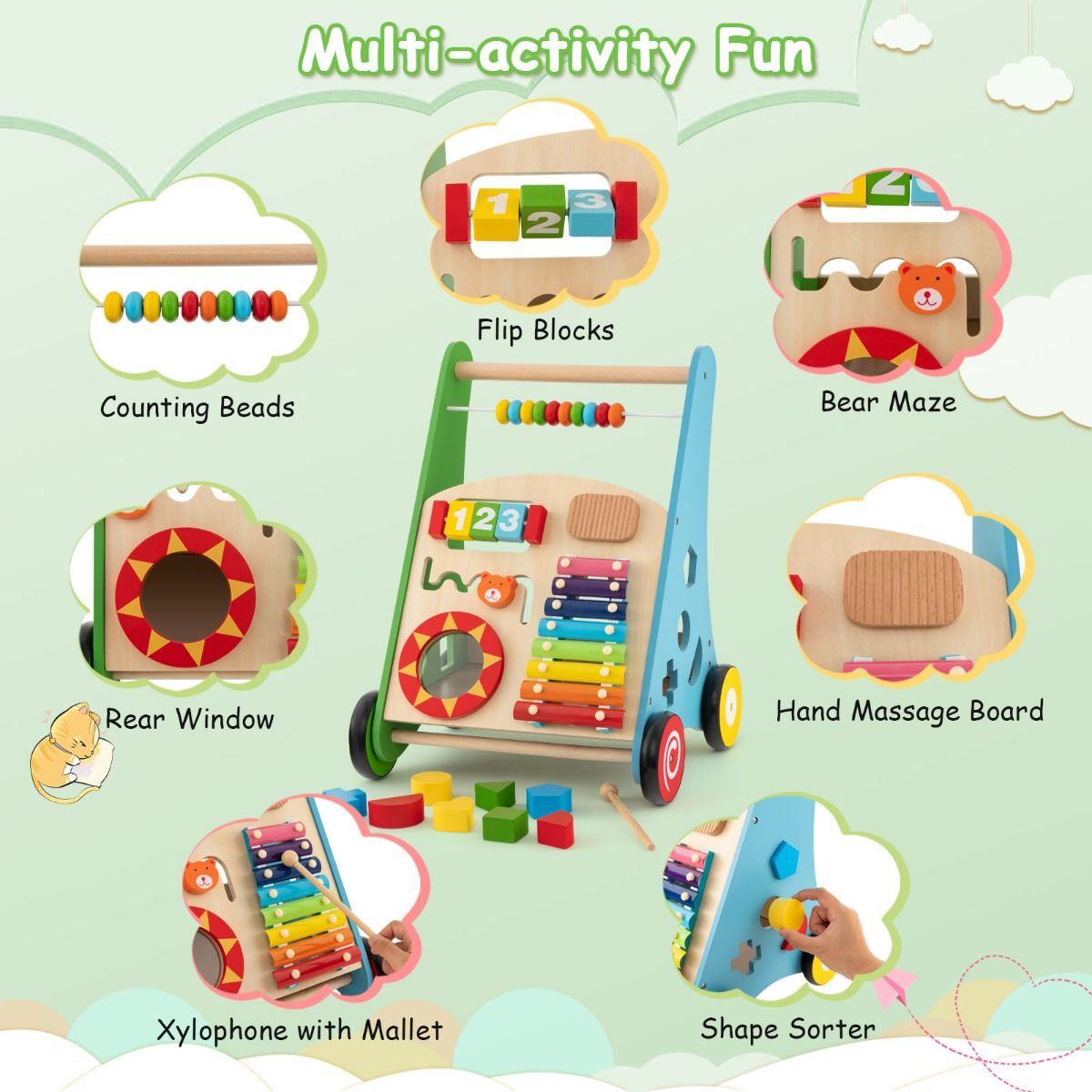 Push and Pull Learning Activity Walker with Smooth Handle for Babies & Toddlers