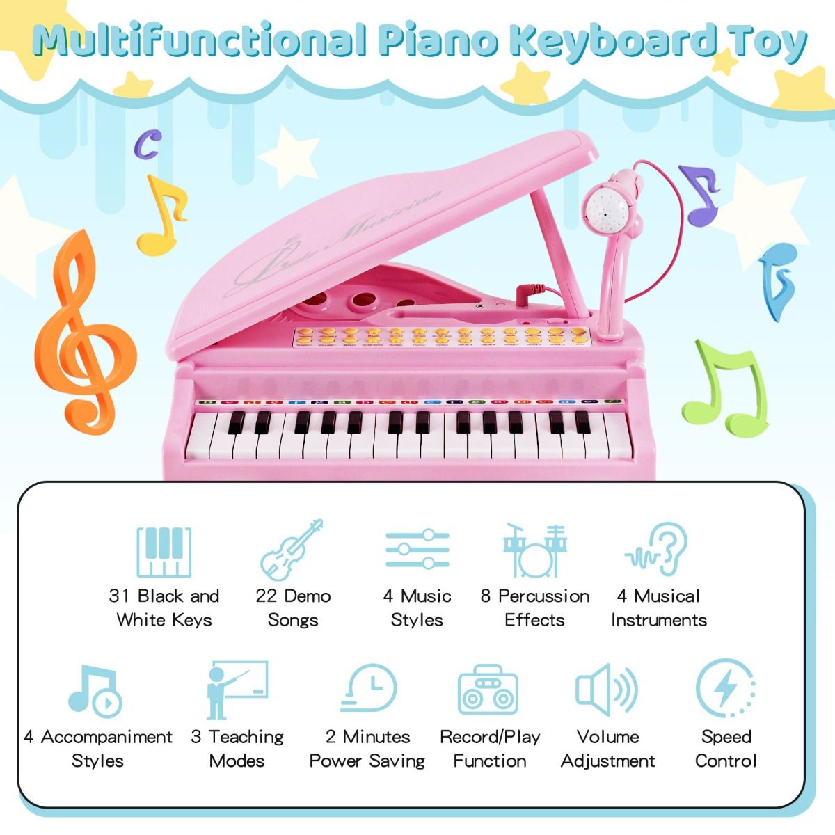 31 Keys Kids Piano Keyboard with Stool and Microphone for Kids