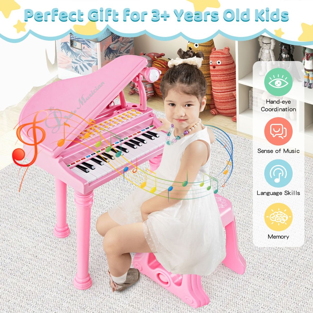 31 Keys Kids Piano Keyboard with Stool and Microphone for Kids