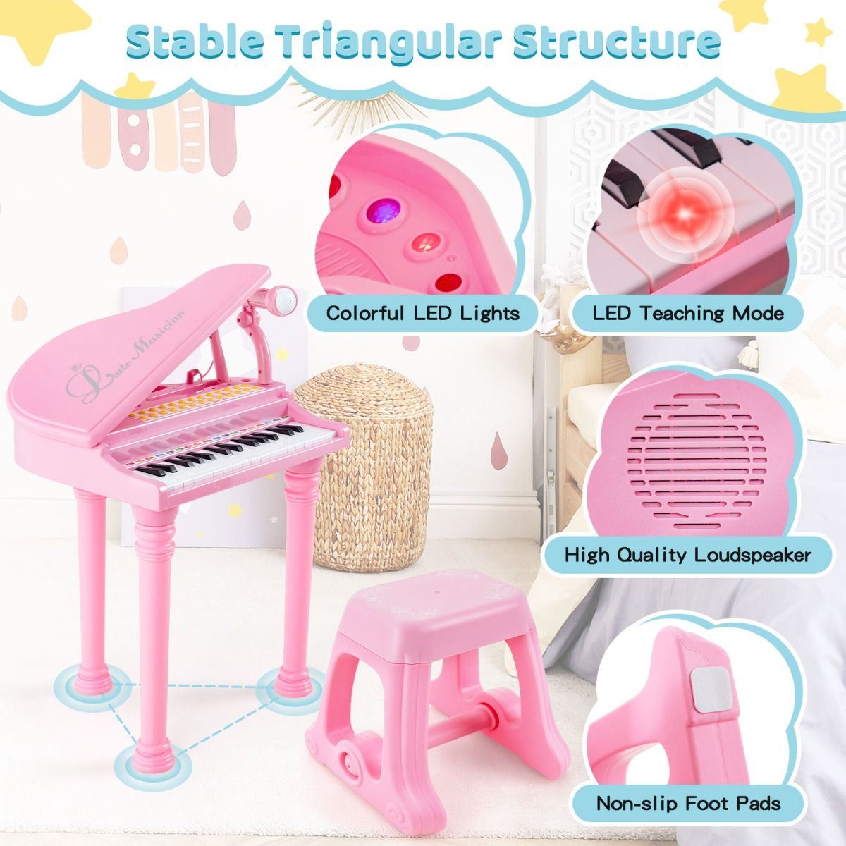 31 Keys Kids Piano Keyboard with Stool and Microphone for Kids