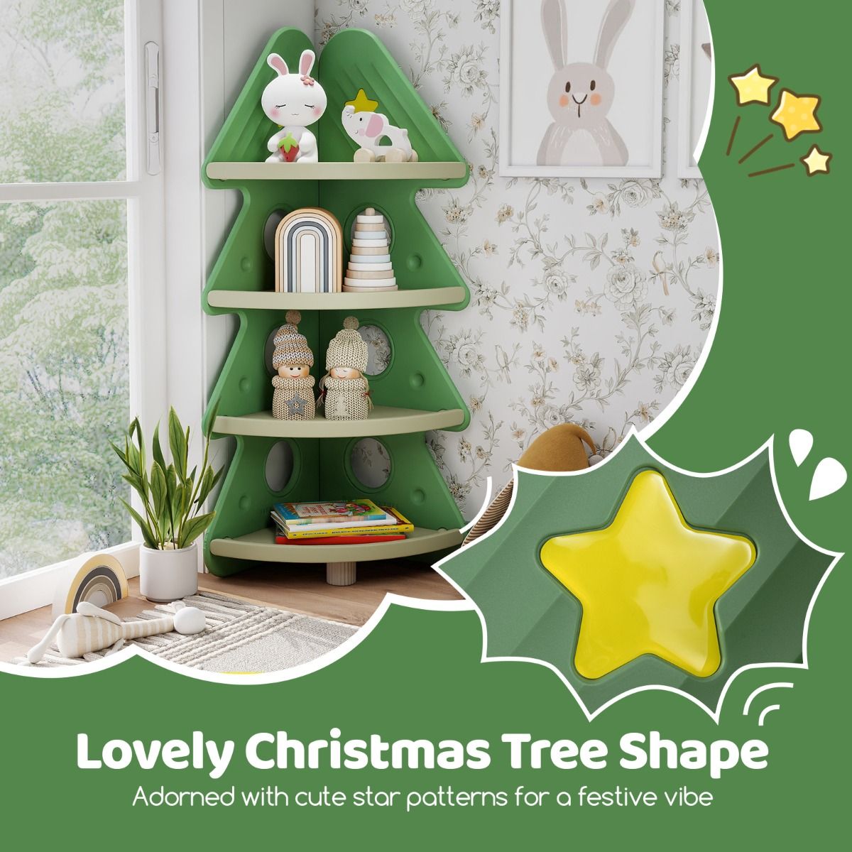 4-Tier Toddler Christmas Tree Bookcase for Kids Room
