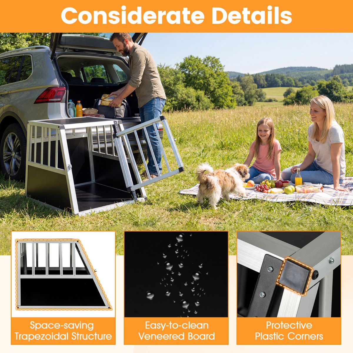 Travel Dog Crate Aluminum Dog Transport Box with Lockable Door Divider and Trapezoidal Design