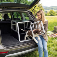 Travel Dog Crate Aluminum Dog Transport Box with Lockable Door Divider and Trapezoidal Design