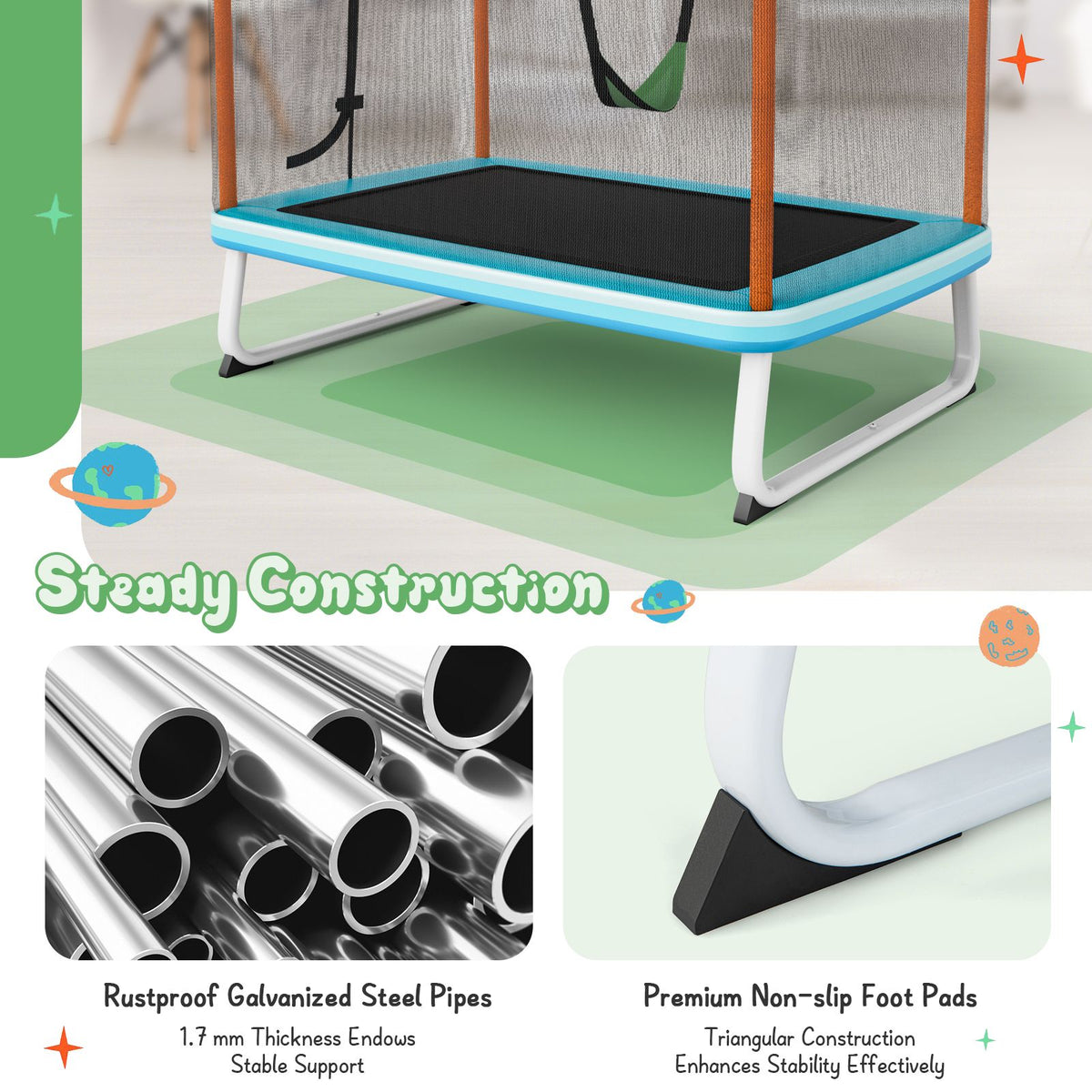 3-in-1 Rectangle Trampoline for Kids with Swing & Horizontal Bar