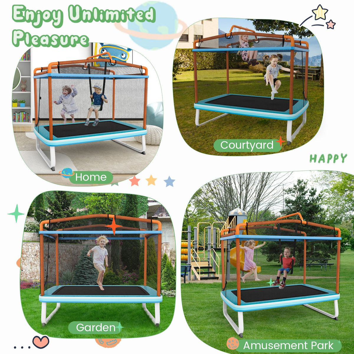 3-in-1 Rectangle Trampoline for Kids with Swing & Horizontal Bar