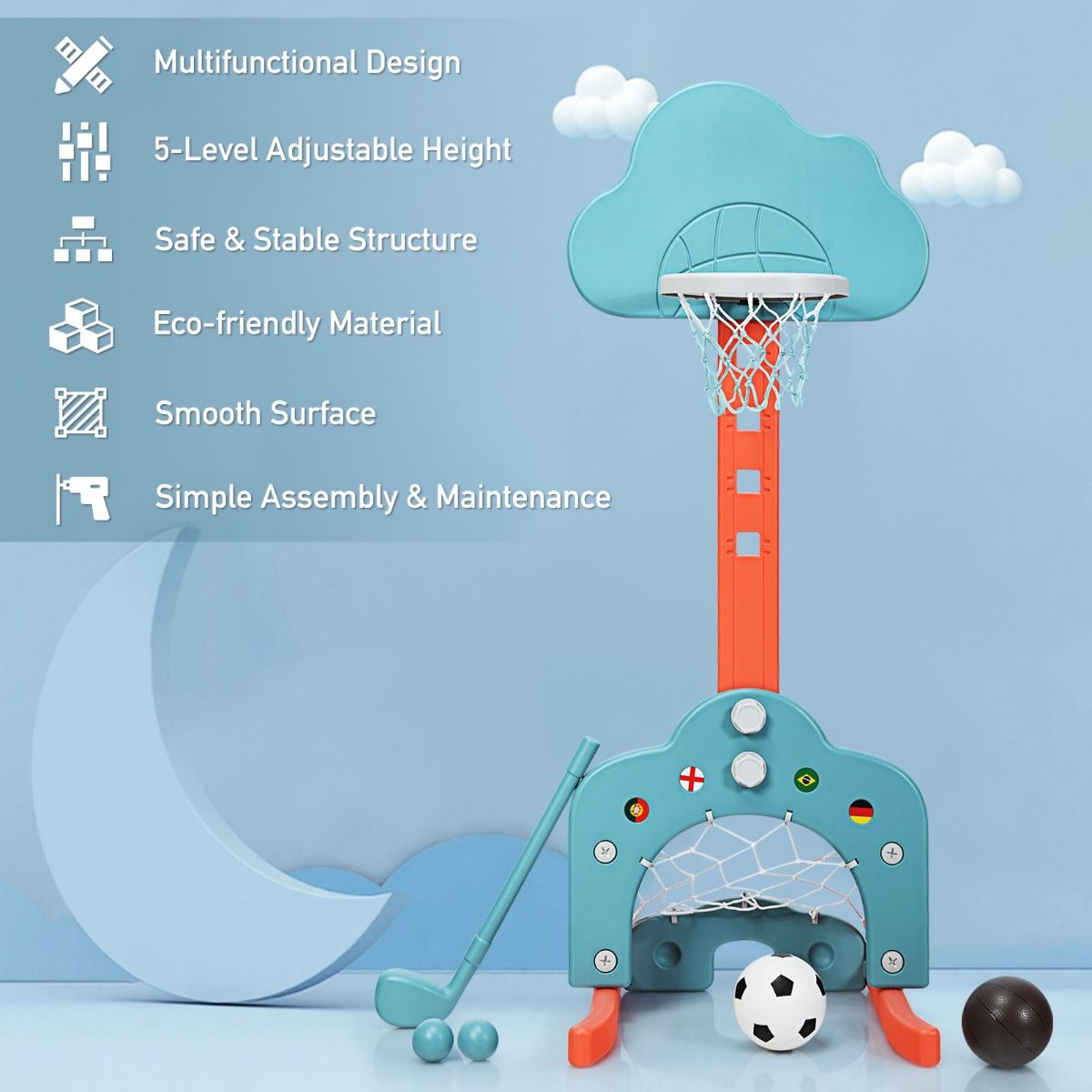 3-in-1 Basketball Hoop Set Stand Adjustable Height