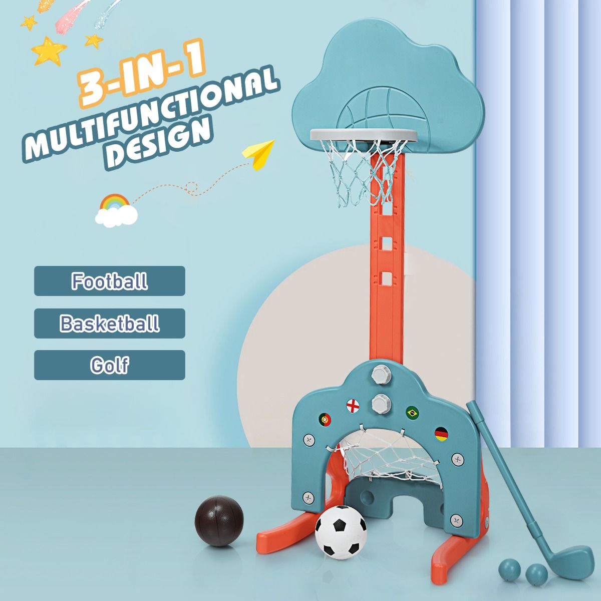 3-in-1 Basketball Hoop Set Stand Adjustable Height