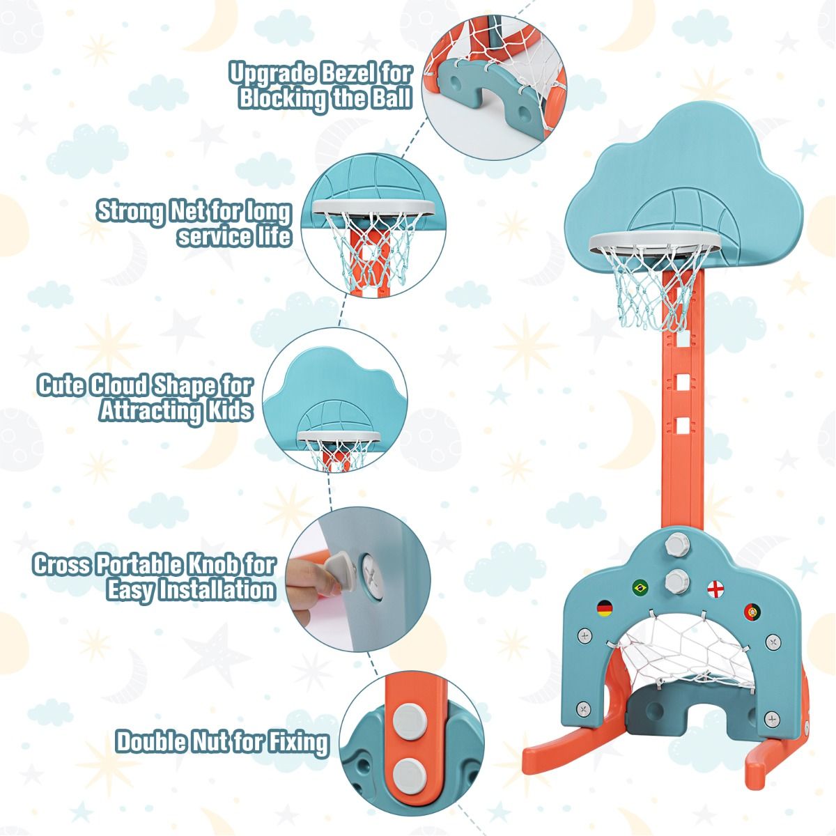 3-in-1 Basketball Hoop Set Stand Adjustable Height