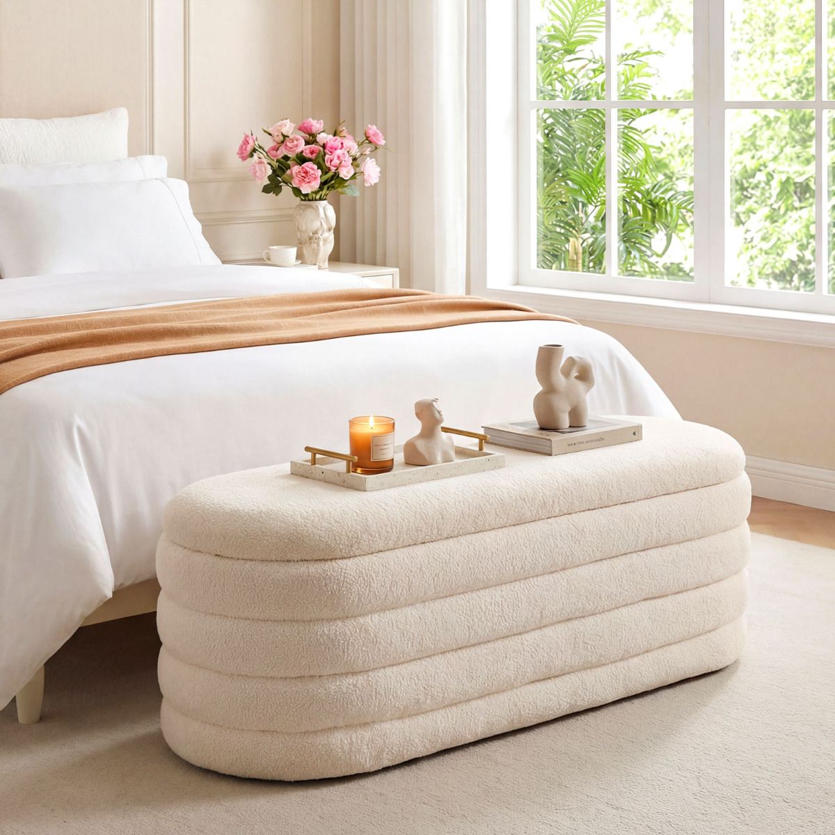 Upholstered Fabric Storage Ottoman Bench with 2 Safety Gas Struts