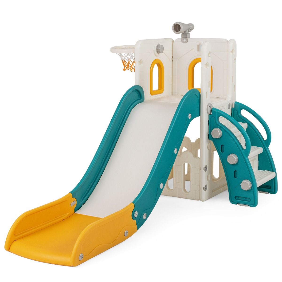 6-in-1 Toddler Slide Set with Climber Basketball Hoop and Telescope for Kids