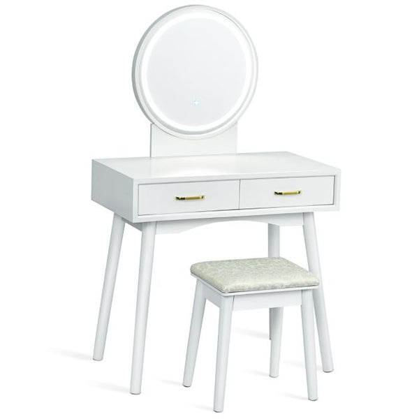 Vanity Set with Rounded and Lighted Mirror in 3 Light Colors