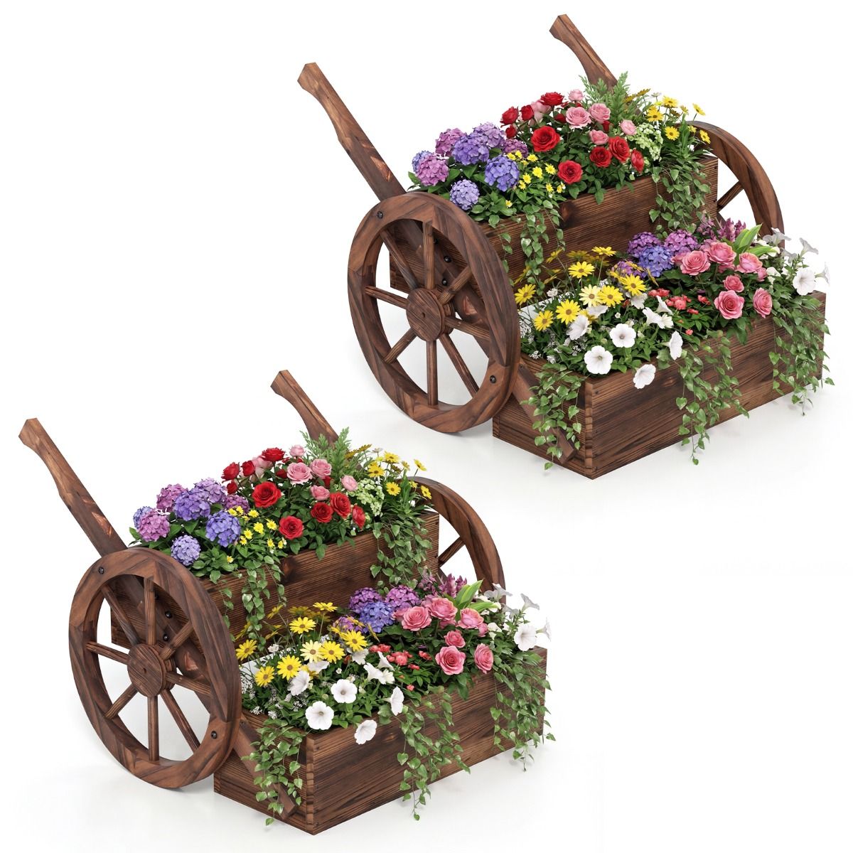 2-Tier Versatile Raised Garden Bed with Wheels and Rustic Wood Wagon Planter