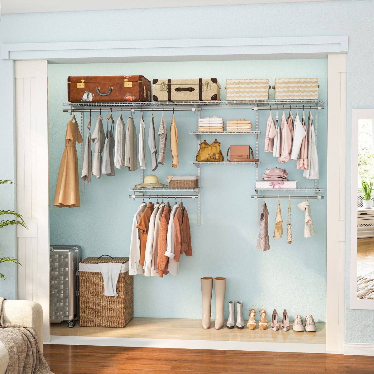 Wall-Mounted Closet Organizers and Storage System with Hanging Rod