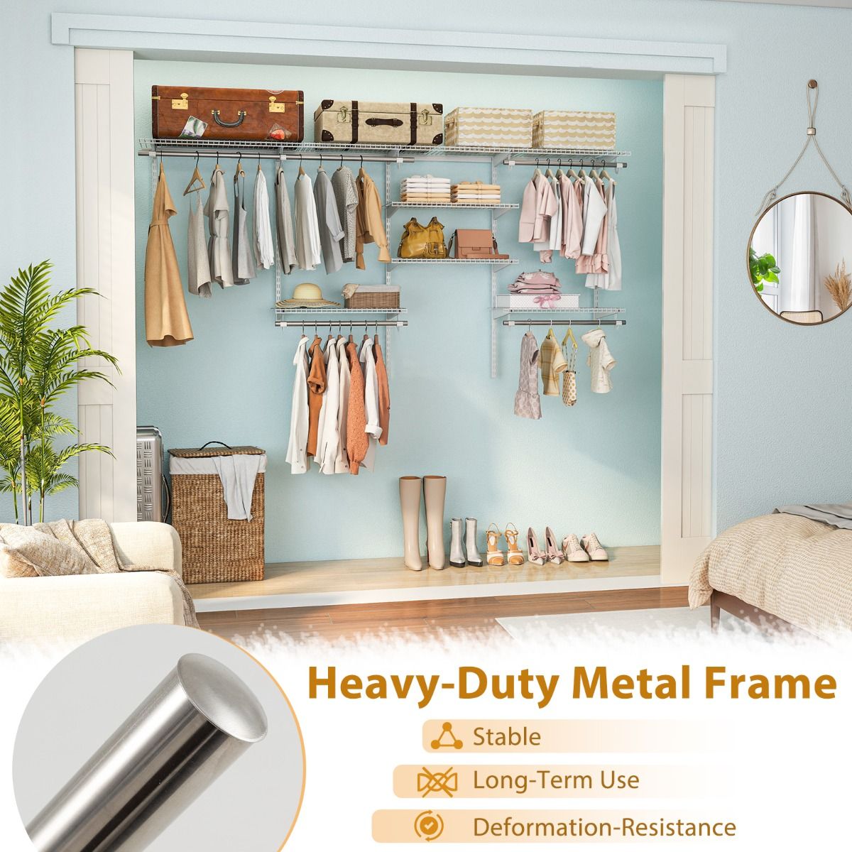 Wall-Mounted Closet Organizers and Storage System with Hanging Rod