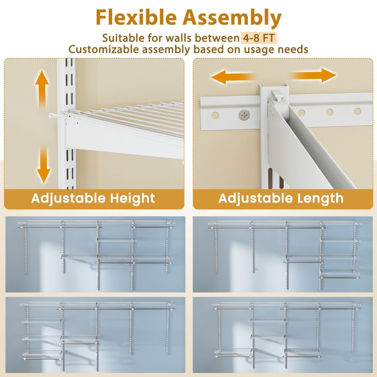 Wall-Mounted Closet Organizers and Storage System with Hanging Rod