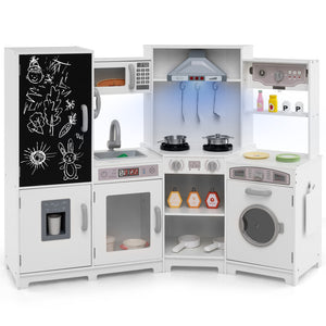 Corner Wooden Play Kitchen with Lights & Sounds, Large Pretend Play Kitchen Set with Blackboard