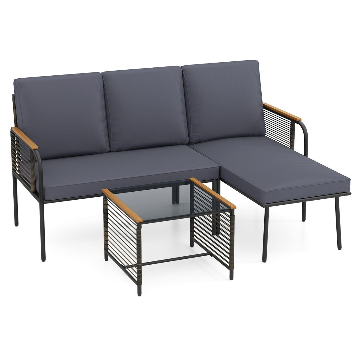 3 Pieces Wicker Furniture Set with Cushions and Tempered Glass Side Table