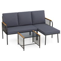 3 Pieces Wicker Furniture Set with Cushions and Tempered Glass Side Table