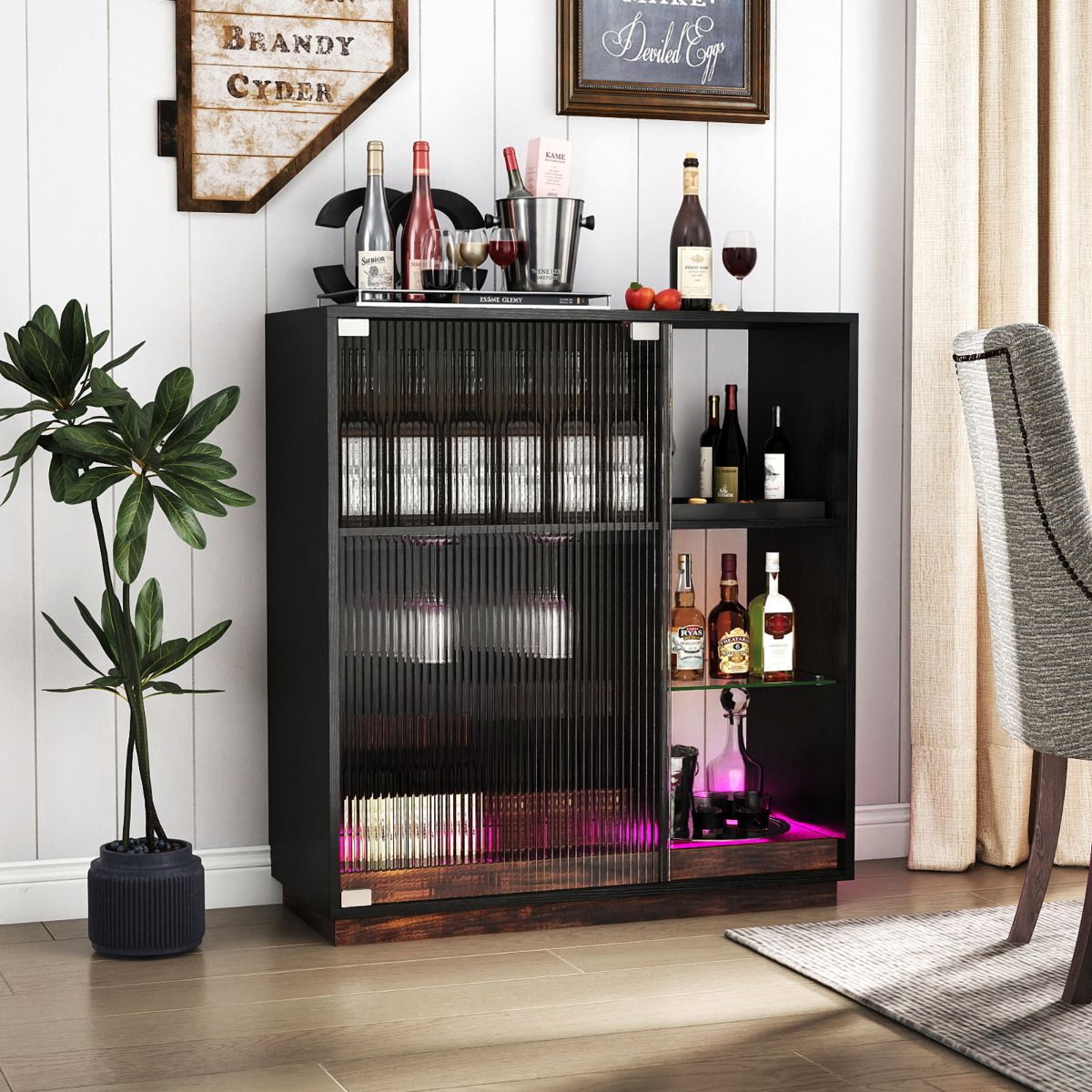 Bar Counter Led Rackdetail Modern Wine Bar Cabinet with LED Lights and Glass Racks – Giantex.au