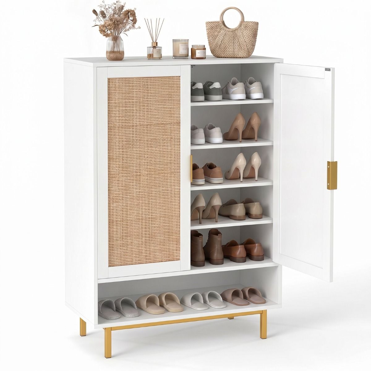 64 Inches Tall Wooden Bookcase 6-Tier Bookshelf with 8 Open Cubes Rattan Drawer