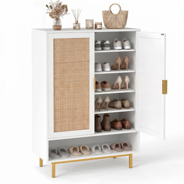 64 Inches Tall Wooden Bookcase 6-Tier Bookshelf with 8 Open Cubes Rattan Drawer