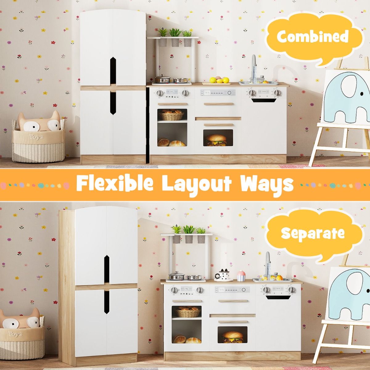 Wooden Modular Play Kitchen with Fridge and Dishwasher for Ages 3+