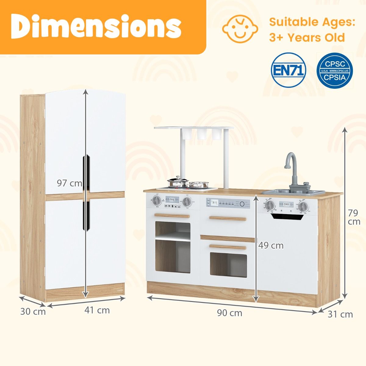 Wooden Modular Play Kitchen with Fridge and Dishwasher for Ages 3+