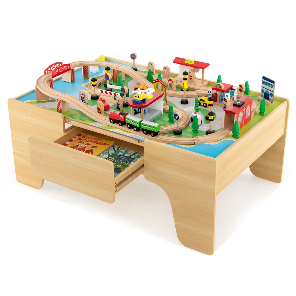 84/80 Pieces Wooden Train Set & Table with Reversible Tabletop