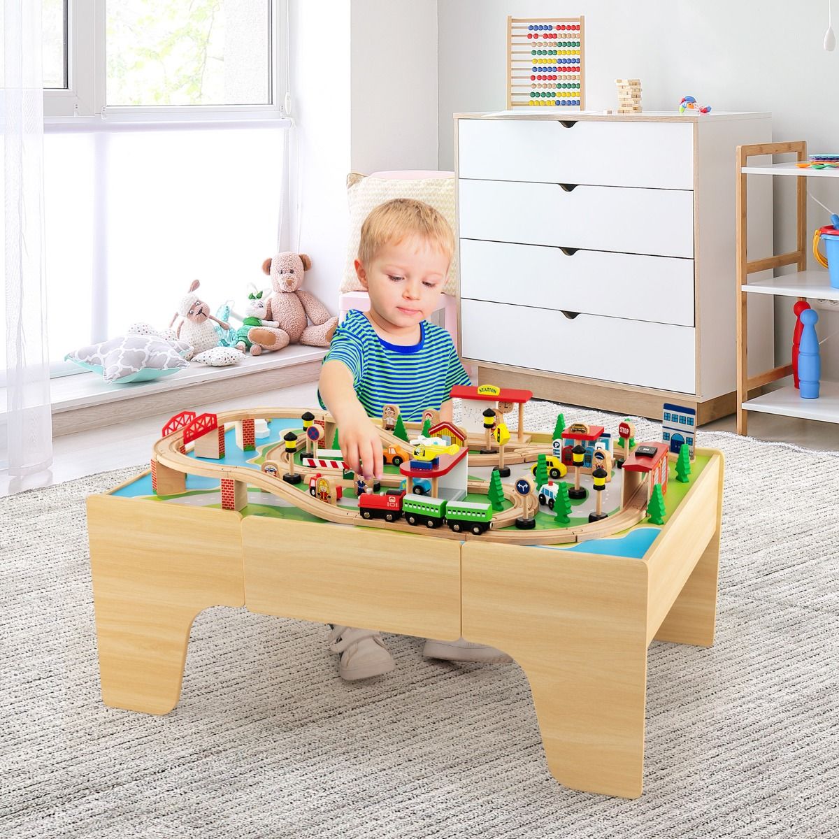 84/80 Pieces Wooden Train Set & Table with Reversible Tabletop