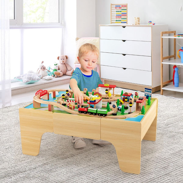 84/80 Pieces Wooden Train Set & Table with Reversible Tabletop