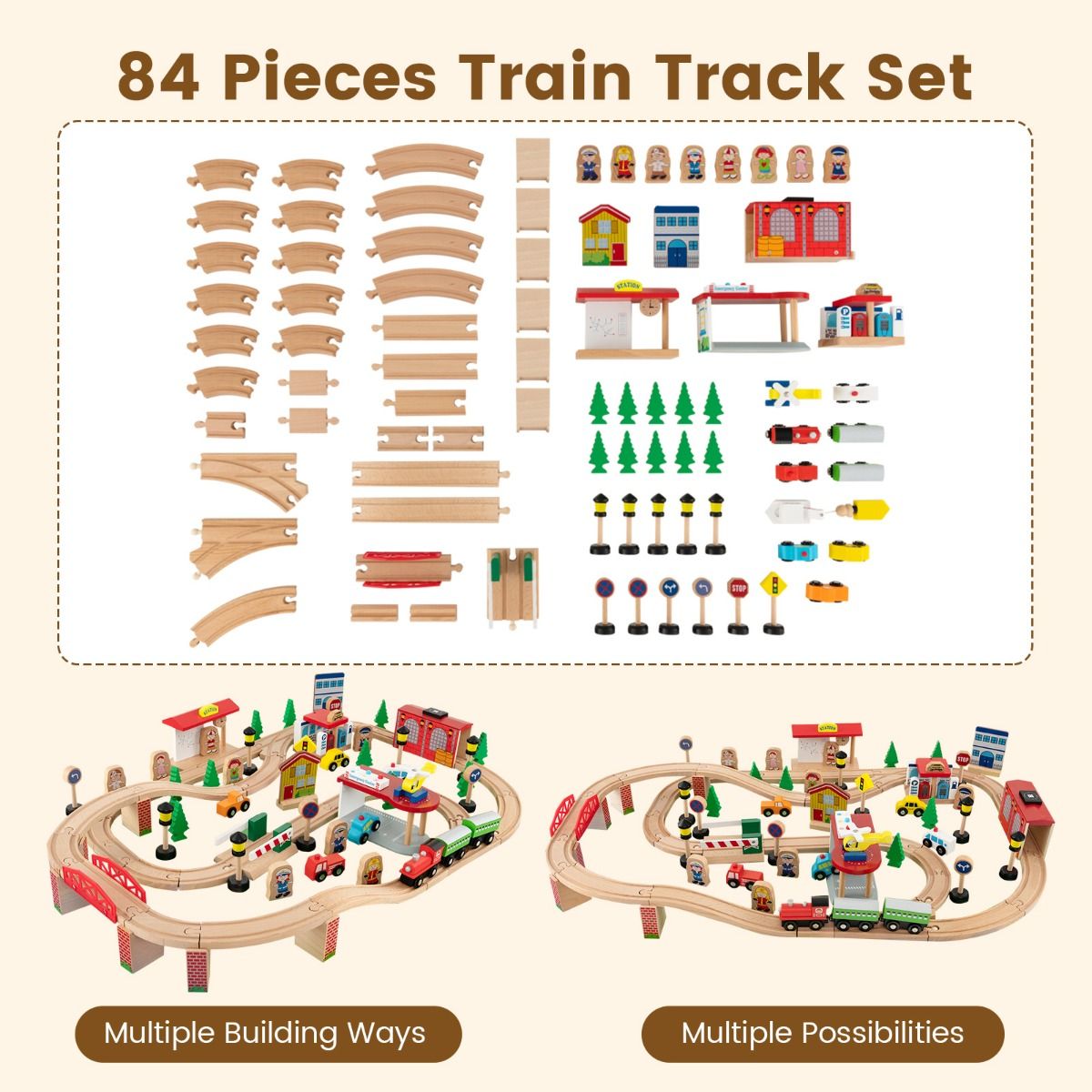 84/80 Pieces Wooden Train Set & Table with Reversible Tabletop