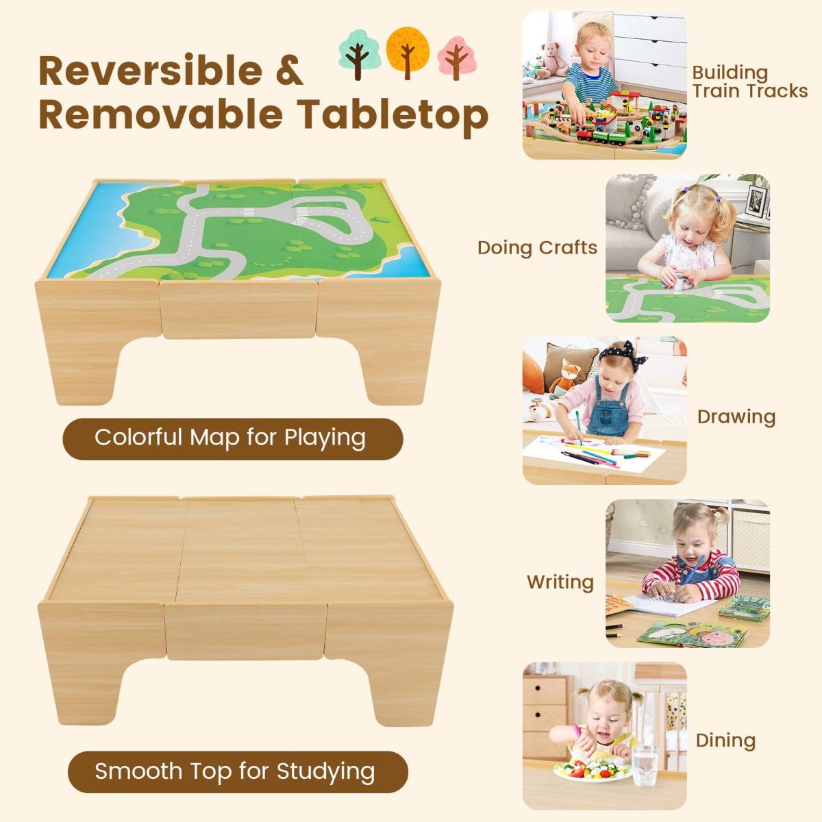 84/80 Pieces Wooden Train Set & Table with Reversible Tabletop