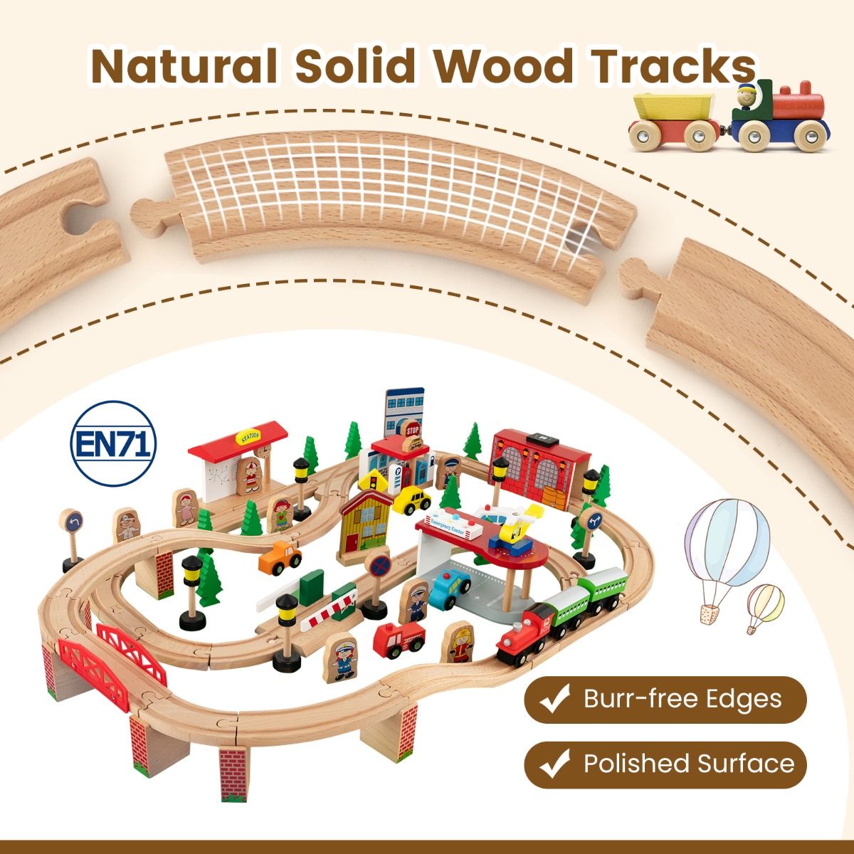 84/80 Pieces Wooden Train Set & Table with Reversible Tabletop