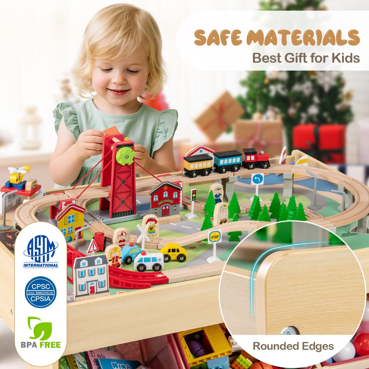 Train Table With Storage Wooden Train Table Multipurpose Activity Play Table with 3 Storage Bin ...