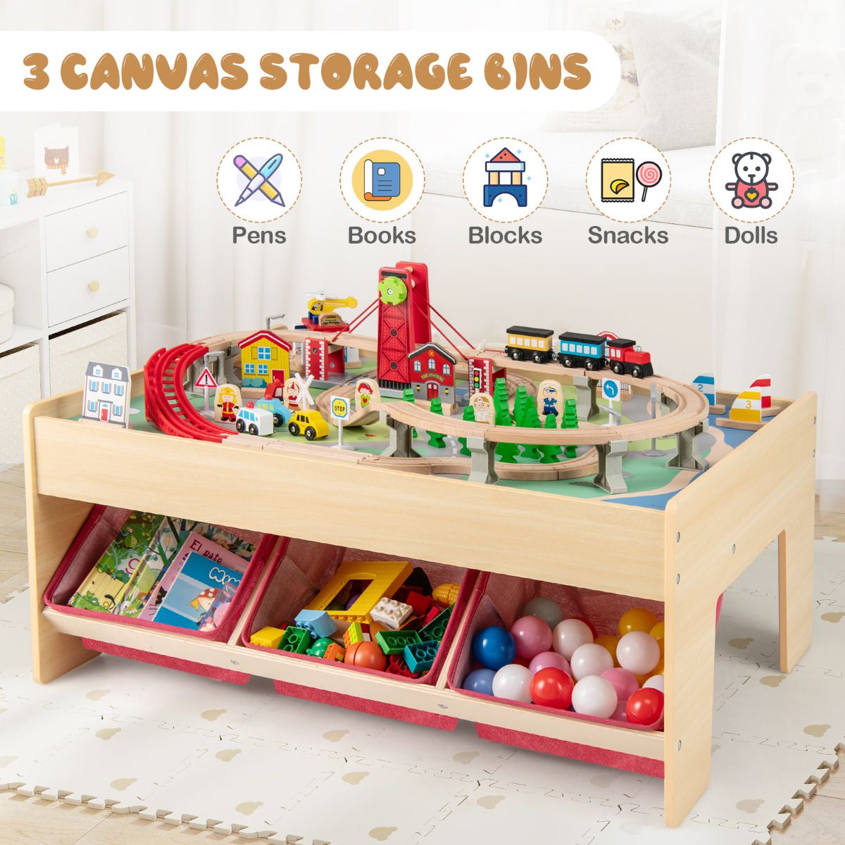 Train Table With Storage Wooden Train Table Multipurpose Activity Play Table with 3 Storage Bin ...