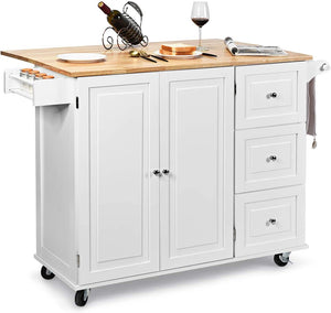 Giantex Kitchen Island Cart, Large Trolley Cart w/ Drop-Leaf Tabletop, Large Cabinet, 3 Drawers, Spice Rack, Towel Rack, Rolling Serving Trolley Cabinet