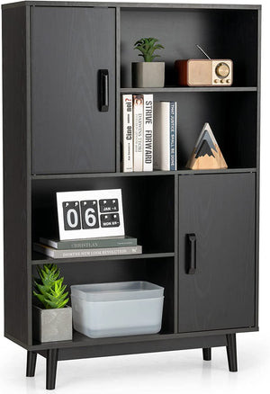 Giantex 4-Tier Wooden Bookshelf, Freestanding Storage Display Cabinet w/ 2 Doors, 4 Open Shelf