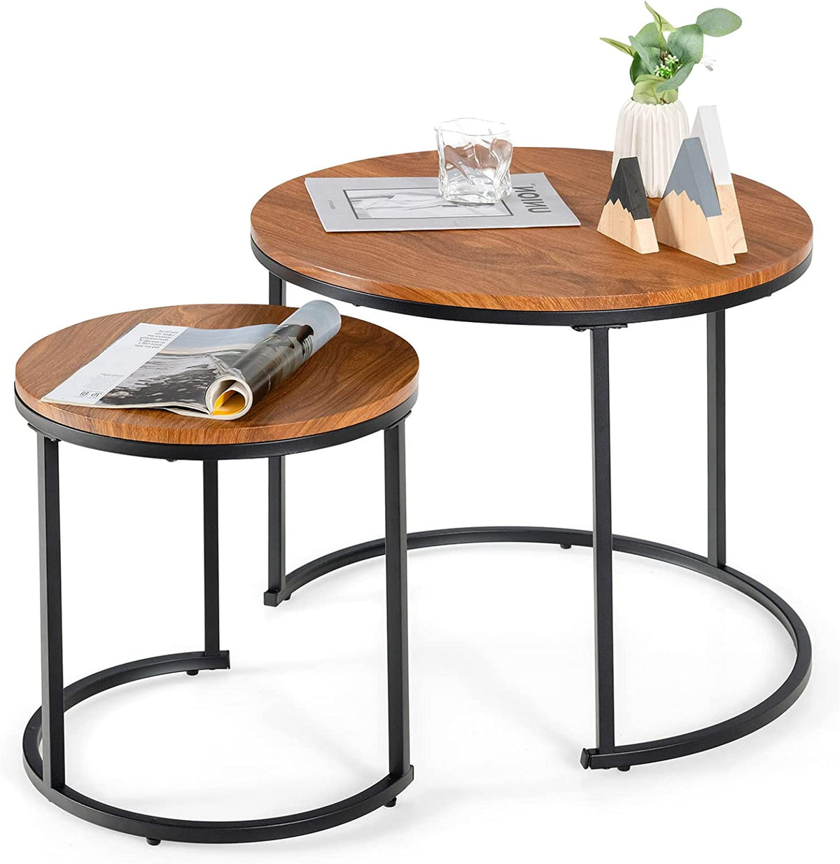 Giantex Set of 2 Round Nesting Coffee Table, Compact Stacking Side Tables w/ Wooden Tabletop & Powder-coated Steel Frame