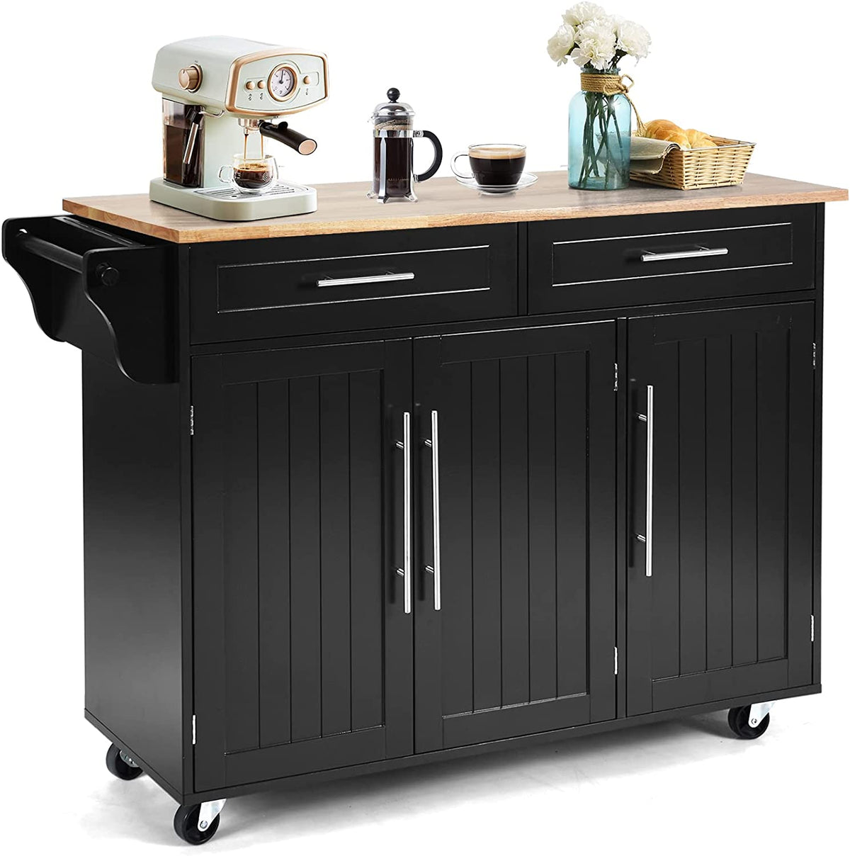 Giantex Mobile Kitchen Island Cart, Rolling Storage Trolley with Towel Bar, 2 Deep Drawers, 3 Door Cabinets