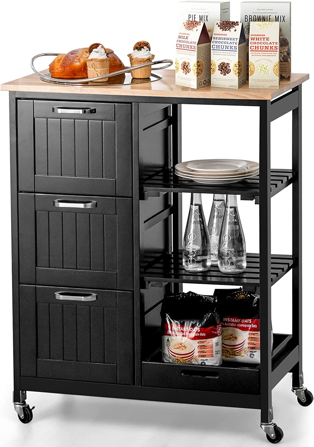 Giantex Kitchen Island on Wheel with Storage, Multi-purpose Rolling Cart w/ Rubber Wood Countertop, 3 Drawers