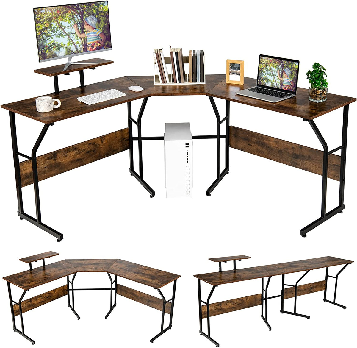 L-Shaped Computer Desk, Home Office Reversible Corner Desk, Movable Monitor Stand, Adjustable Foot Pads