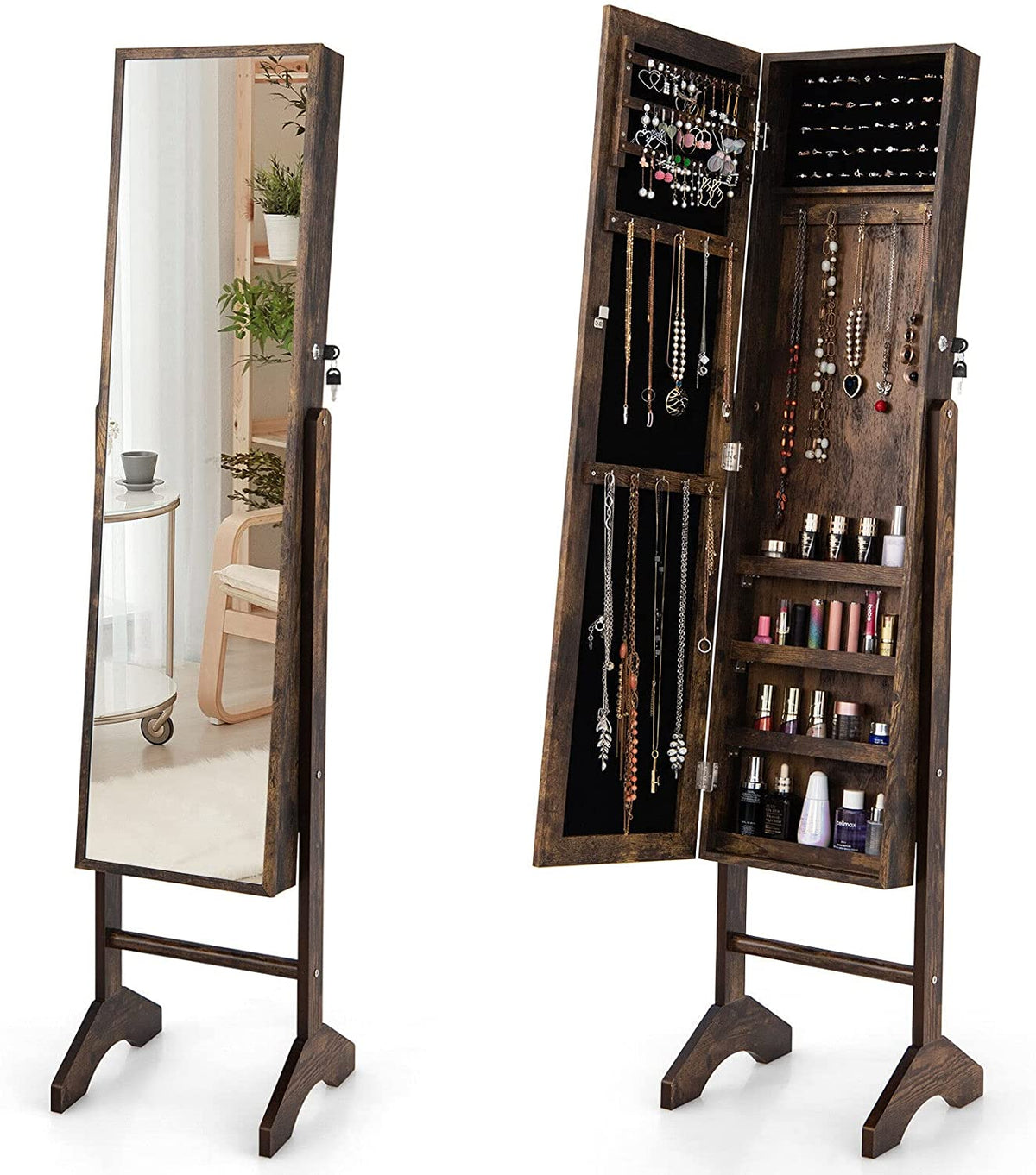 Giantex Standing Jewelry Cabinet w/ Full Length Mirror, Jewelry & Makeup Storage Cabinet