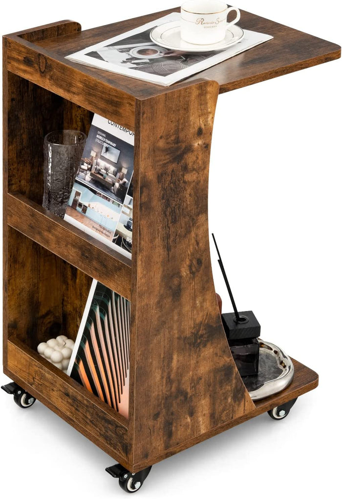 Giantex C-Shaped End Table, Small Sofa/Couch Side Table Snack Table with 3-Tier Back Storage Compartment