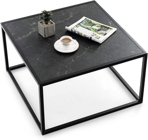 Square Coffee Table, Center Cocktail Table with Faux Marble Tabletop & Steel Frame, 70 cm x 70 cm x 40 cm