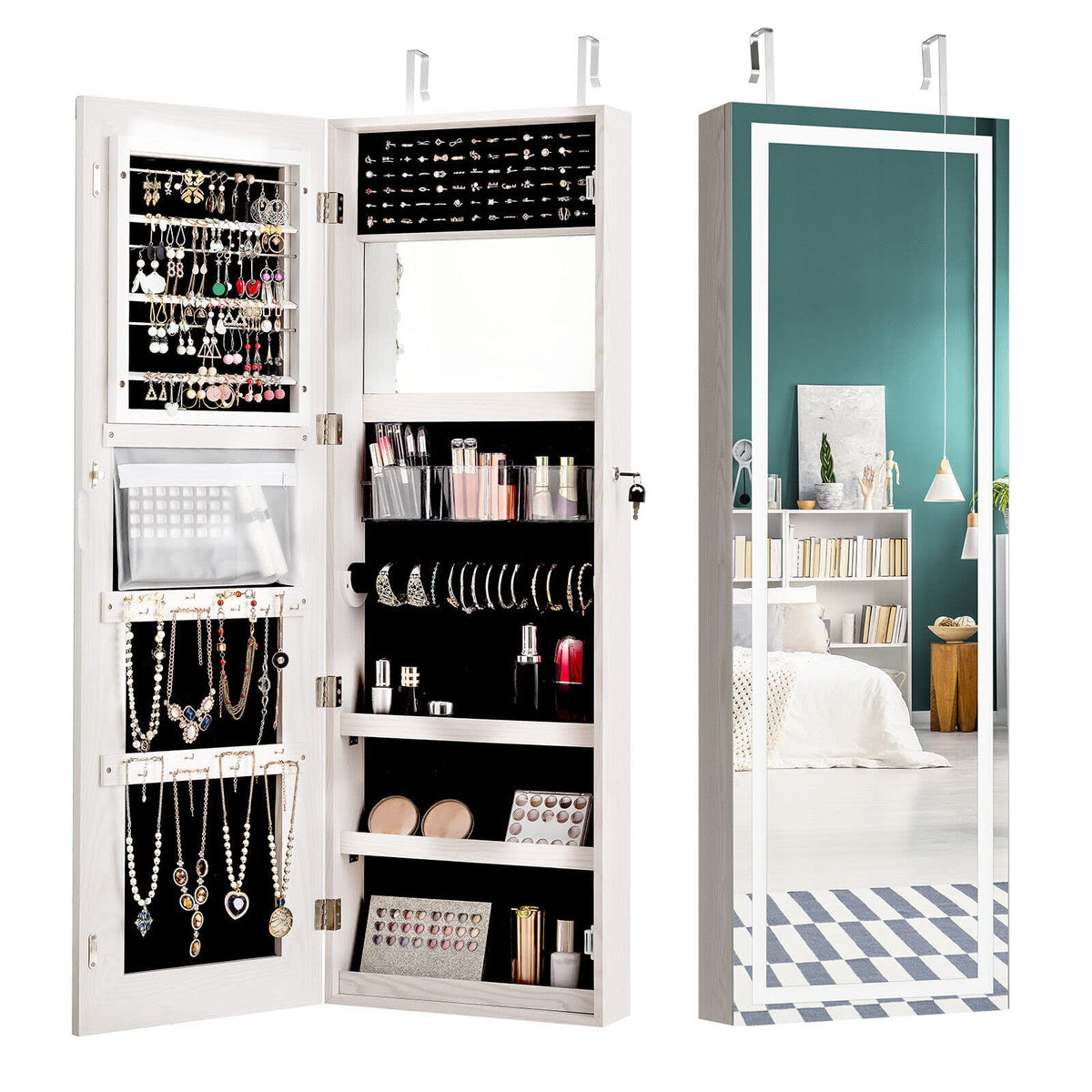 Giantex Mirror Jewelry Cabinet w/LED, Wall/Door Mounted Jewelry Organizer