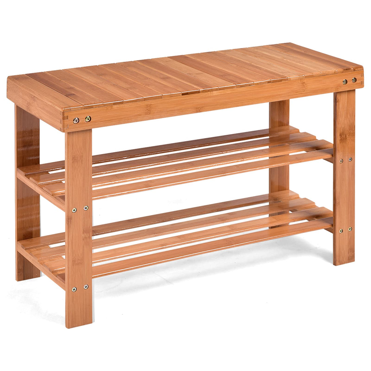 Giantex 3 Tier Shoe Rack Bench, Premium Natural Bamboo Bench with 2 Slatted Shelves