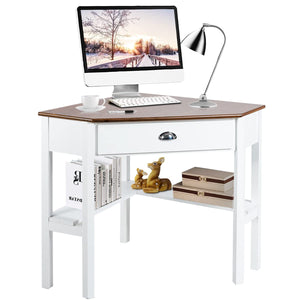 Giantex Wood Corner Computer Desk, Compact Writing Table w/Drawer & Shelves