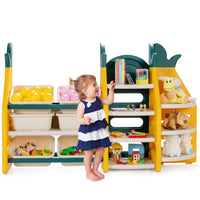 Kids 3-in-1 Toy Storage Organizer, 3-Tier Cabinet Bookshelf w/ 6 Plastic Bins & 7 Shelves, Convertible Seat