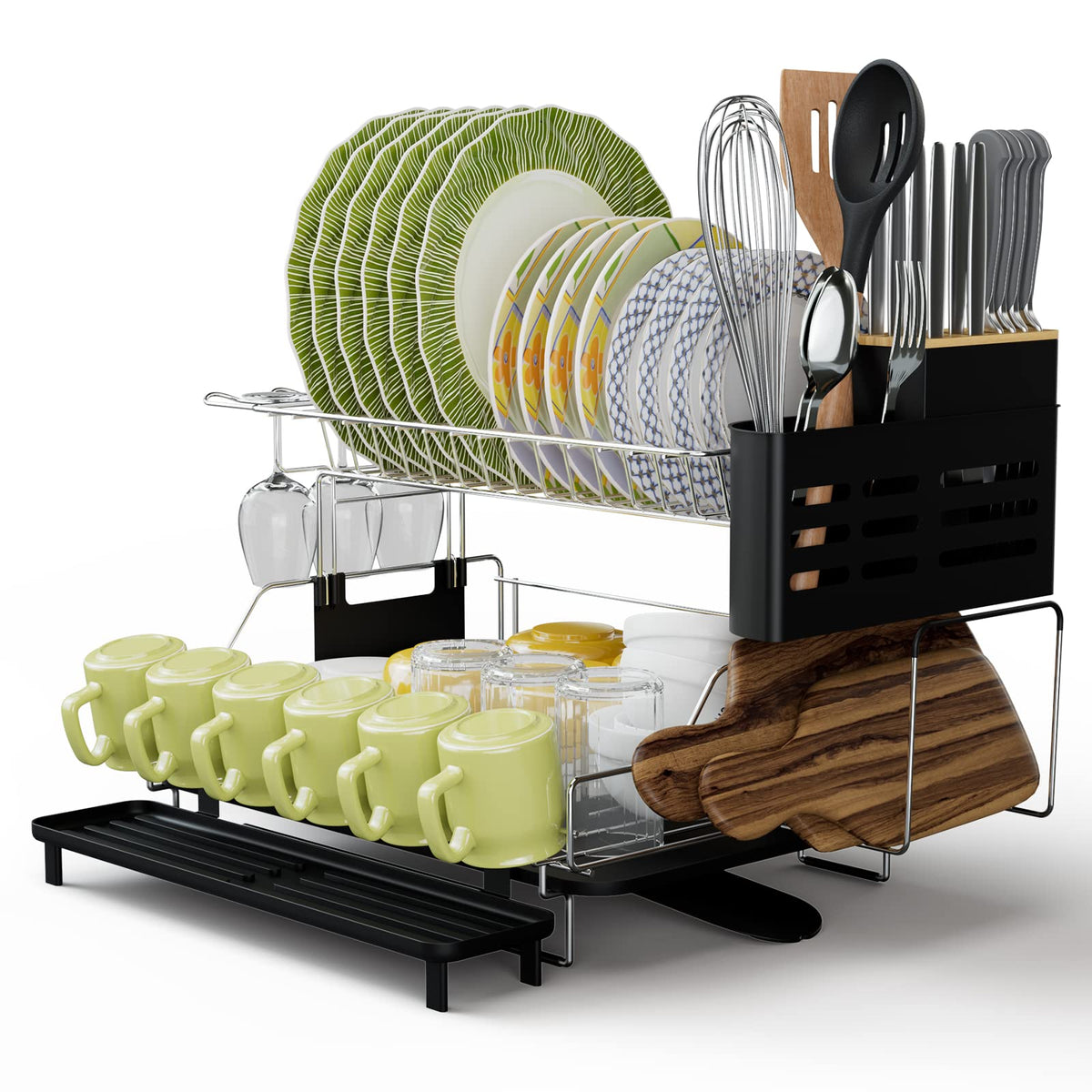 Giantex 2-Tier Dish Drying Rack, Detachable Dish Drainer Rack with Cutlery Holder & Cutting Board Holder