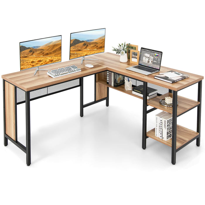 Giantex L-Shaped Office Desk, Large Corner Desk with Full-Length Open Shelf & 2-Tier Side Shelves, Rustic Oak